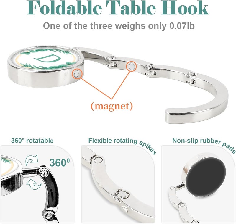 Iqimott 3pcs Personalized Initial Foldable Purse Hook for Table, Flower Letter Folding Handbag Hanger Portable Magnet Table Hook Holder, Collection Desk Purse Hooks for Women Bag (Green-D) - Image 3