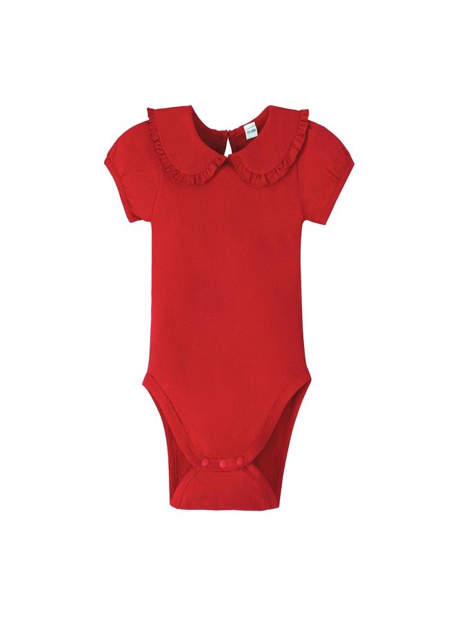 Magic Park 0-24M Infant Girl Puff Sleeve Bodysuit Baby Peter Pan Collar Romper Toddler Ruffle Jumpsuit Casual Tops (6-12 Months, Red Short) - Image 1