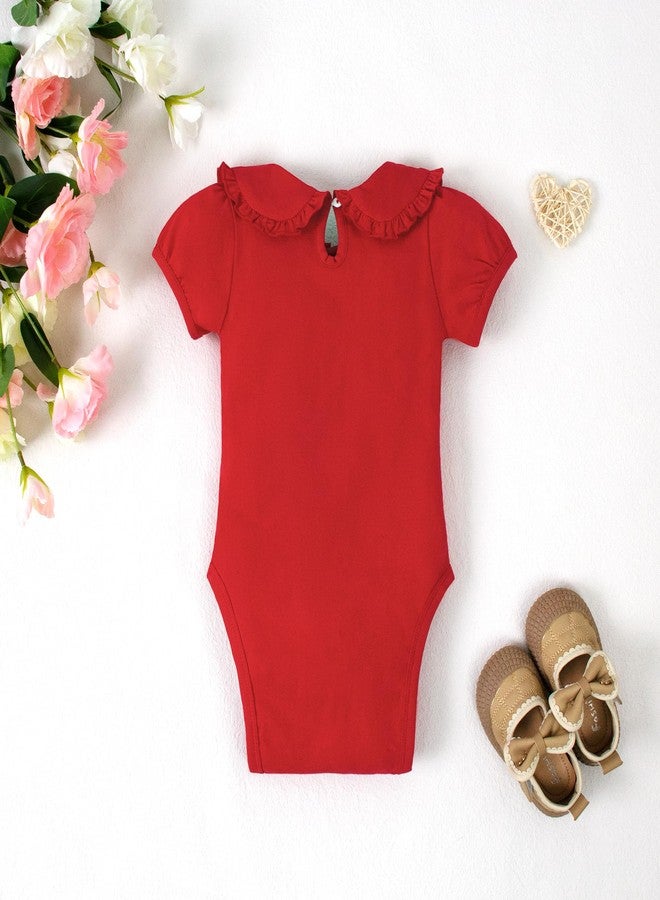 Magic Park 0-24M Infant Girl Puff Sleeve Bodysuit Baby Peter Pan Collar Romper Toddler Ruffle Jumpsuit Casual Tops (6-12 Months, Red Short) - Image 2