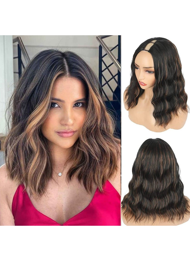 Aisaide Aisaide Highlight Brown Bob V Part Wig Synthetic Wavy V Part V Shape Wigs for Black Women Half Wig Uprade U Part Wig Short Ombre Brown Bob V Part Wig Curly Wavy Vpart Wig Body Wavy 14 Inch 