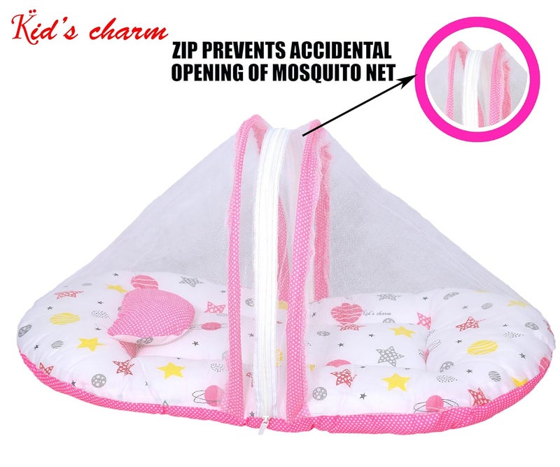 Kid's Charm Kids Charm MegaPlanet Premium Baby Net Bed with Thick Mattress Mosquito Net with Zip Closure Neck Pillow Baby Bedding for New Born Baby Sleeping Bed for 04 Months Babies Pink - Image 2