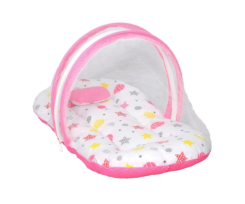 Kid's Charm Kids Charm MegaPlanet Premium Baby Net Bed with Thick Mattress Mosquito Net with Zip Closure Neck Pillow Baby Bedding for New Born Baby Sleeping Bed for 04 Months Babies Pink - Image 1