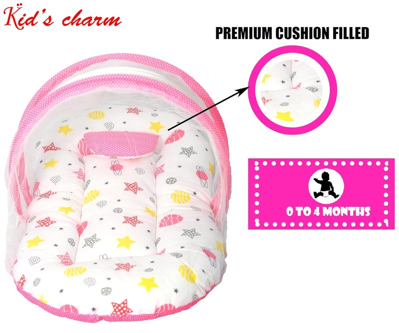 Kid's Charm Kids Charm MegaPlanet Premium Baby Net Bed with Thick Mattress Mosquito Net with Zip Closure Neck Pillow Baby Bedding for New Born Baby Sleeping Bed for 04 Months Babies Pink - Image 3