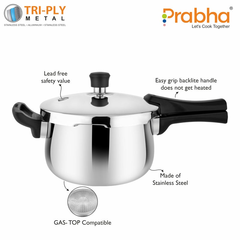 Prabha Stainless Steel Tri-Ply Kalash Pressure Cooker, 6L, Isi Certified, Best For Home & Kitchen, Bakelite Handle, 5 Year Manufacturer Warranty - Image 3