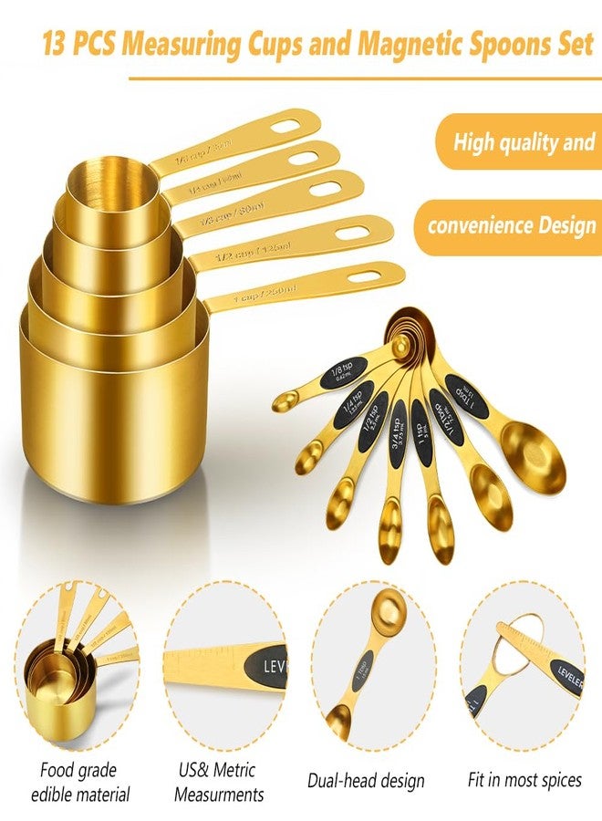 Foyucool Gold Measuring Cups and Spoons, Set of 13, Including 8 Dual Sided Magnetic Measuring Spoons set with Leveler, 5 Measuring Cups, Stainless Steel Kitchen Gadgets for Liquid & Dry Ingredients - Image 3