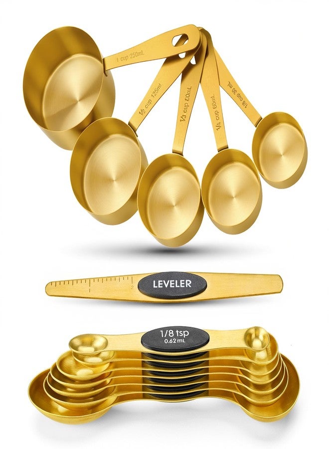 Foyucool Gold Measuring Cups and Spoons, Set of 13, Including 8 Dual Sided Magnetic Measuring Spoons set with Leveler, 5 Measuring Cups, Stainless Steel Kitchen Gadgets for Liquid & Dry Ingredients - Image 1
