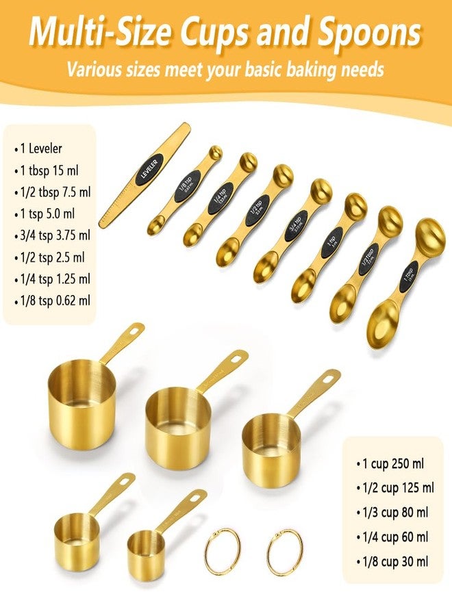 Foyucool Gold Measuring Cups and Spoons, Set of 13, Including 8 Dual Sided Magnetic Measuring Spoons set with Leveler, 5 Measuring Cups, Stainless Steel Kitchen Gadgets for Liquid & Dry Ingredients - Image 2