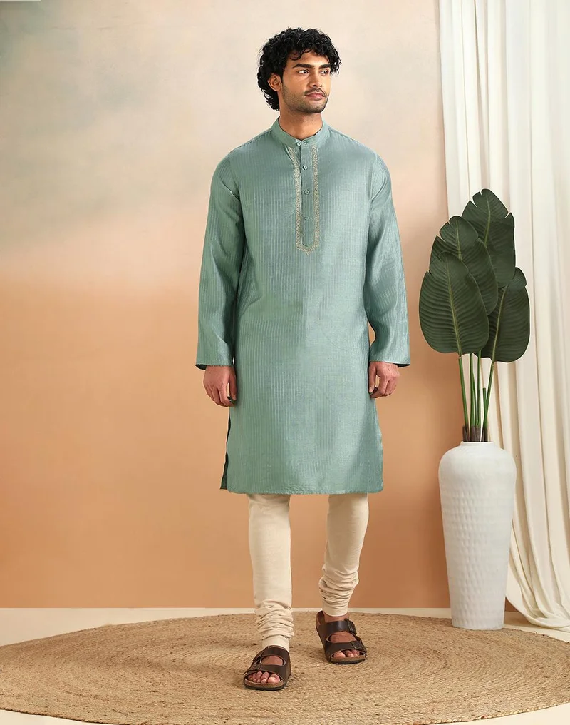 Fabindia Mint Viscose Blend Dobby Slim Fit Long Kurta