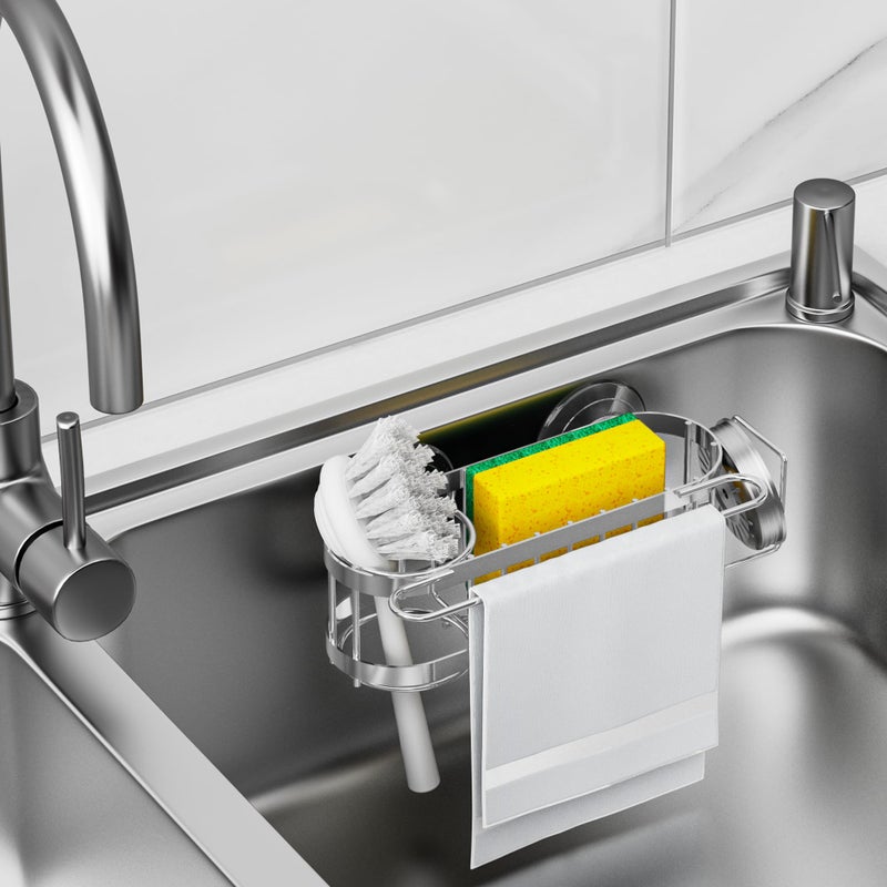 Cisily Kitchen Sink Caddy Sponge Holder in The Sink, Stainless Steel Kitchen Sink Organizer, Brush Holder, Dish Cloth Hanger, Sink Stopper Holder with 2 Installation Ways (Suction & Adhesives, Silver - Image 4