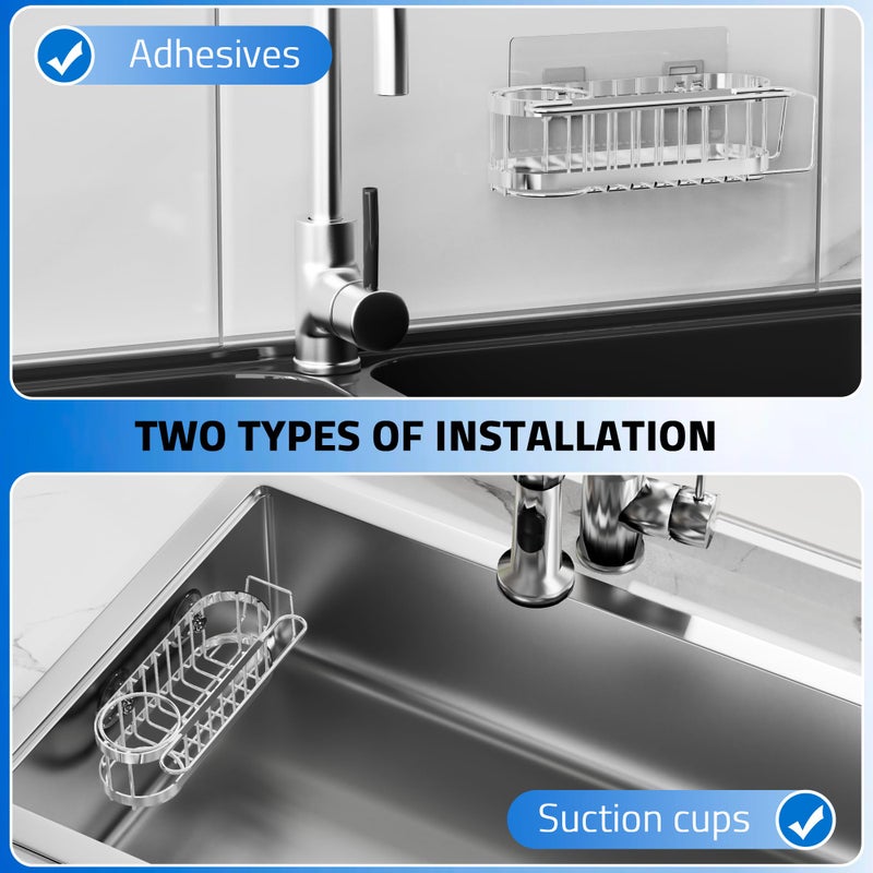 Cisily Kitchen Sink Caddy Sponge Holder in The Sink, Stainless Steel Kitchen Sink Organizer, Brush Holder, Dish Cloth Hanger, Sink Stopper Holder with 2 Installation Ways (Suction & Adhesives, Silver - Image 2