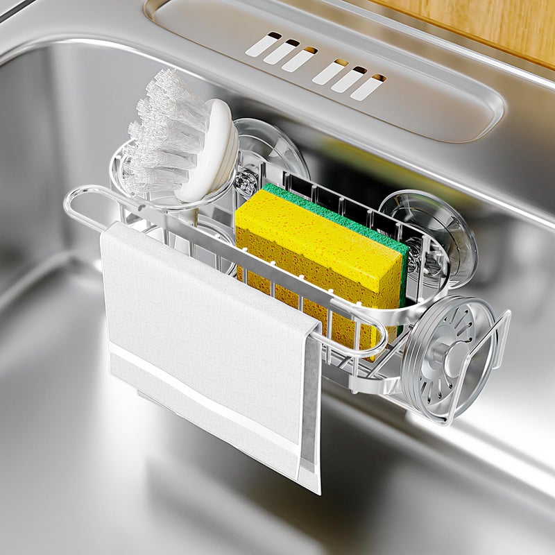 Cisily Kitchen Sink Caddy Sponge Holder in The Sink, Stainless Steel Kitchen Sink Organizer, Brush Holder, Dish Cloth Hanger, Sink Stopper Holder with 2 Installation Ways (Suction & Adhesives, Silver - Image 1