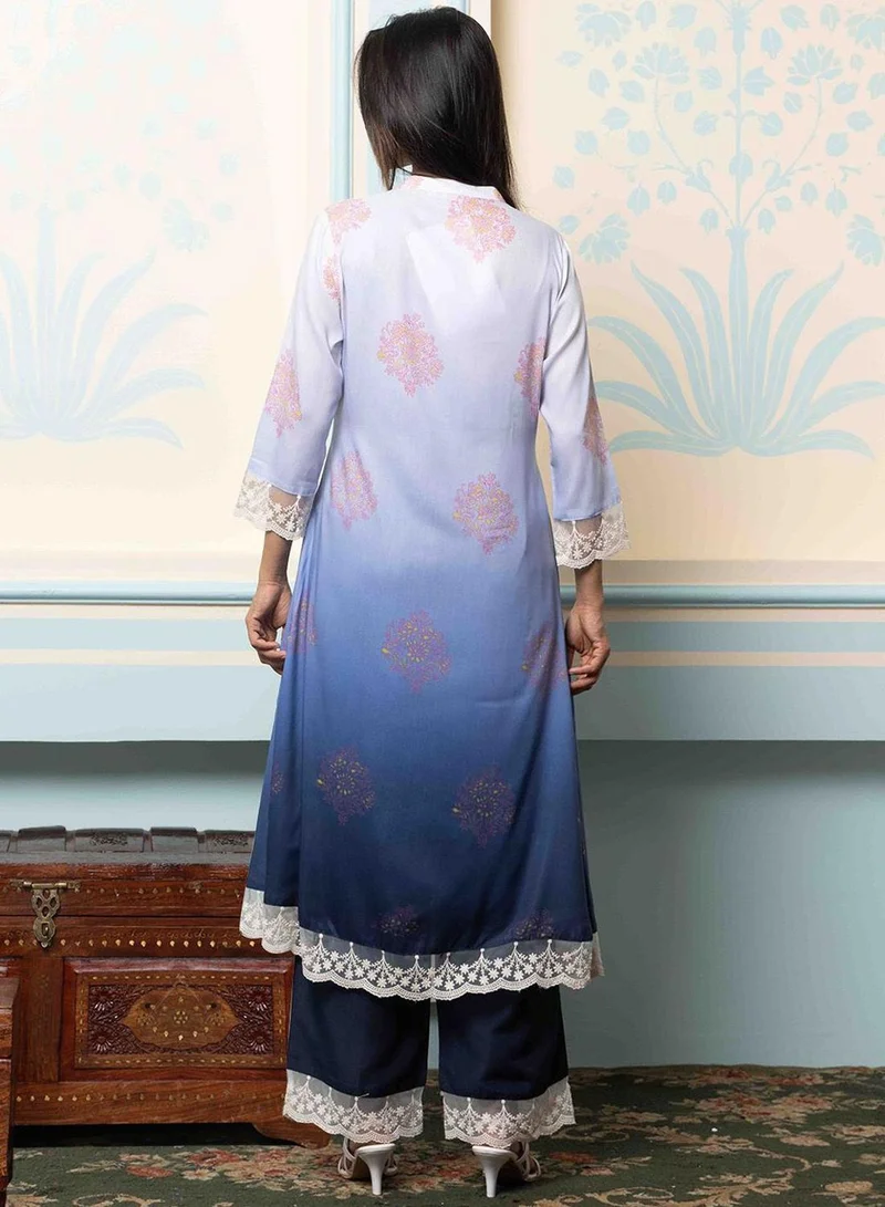 ISHIN Women's Blue Polyester Blend Embellished Tunic Full Length Palazzo Straight Fit Kurta Set