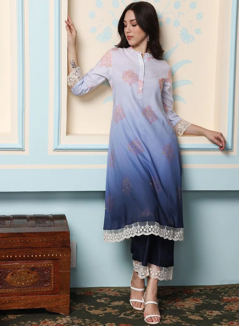 ISHIN Women's Blue Polyester Blend Embellished Tunic Full Length Palazzo Straight Fit Kurta Set