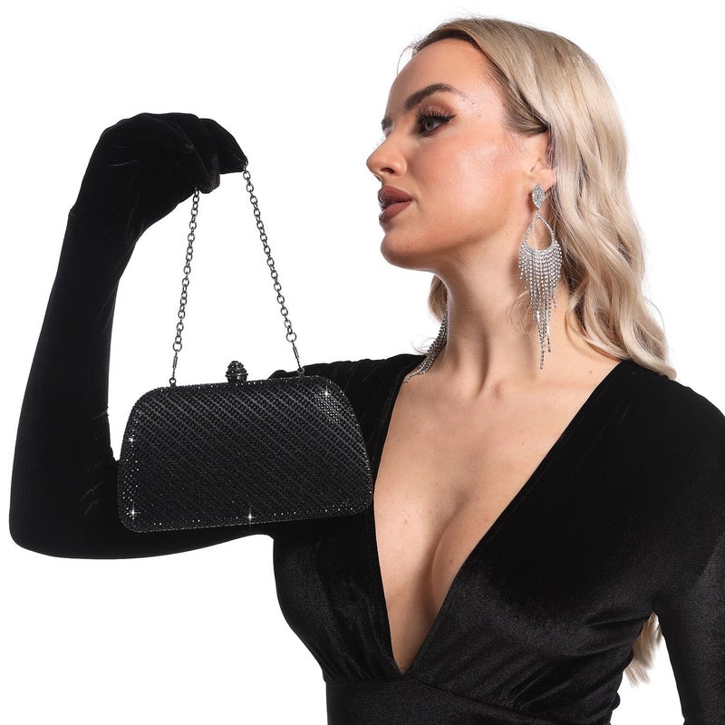 Boutique De FGG حقيبة كلاتش صغيرة سوداء مزينة بالأحجار اللامعة من بوتيك دي FGG للنساء، حقائب رسمية، حقائب سهرة فاخرة، حقيبة كلاتش كريستالية - Image 2
