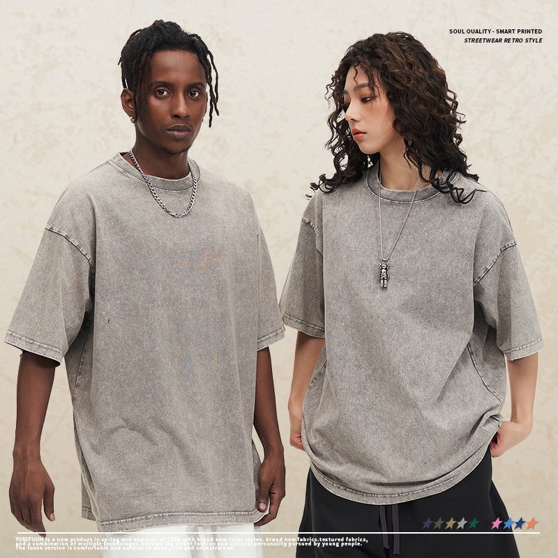 300G Vintage Dressed T-Shirt Cotton Short-Sleeved Trendy Brand Heavy American Round Neck Wash Dressed Thickened Shirt Fried Snowflake - Image 3