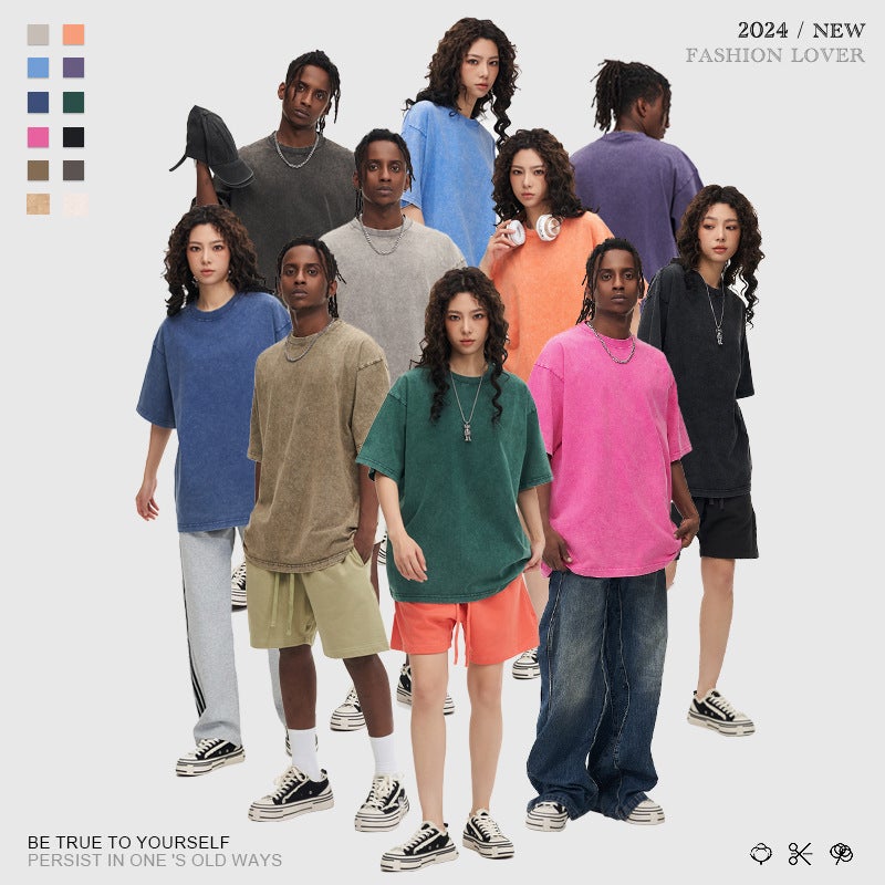 300G Vintage Dressed T-Shirt Cotton Short-Sleeved Trendy Brand Heavy American Round Neck Wash Dressed Thickened Shirt Fried Snowflake - Image 2