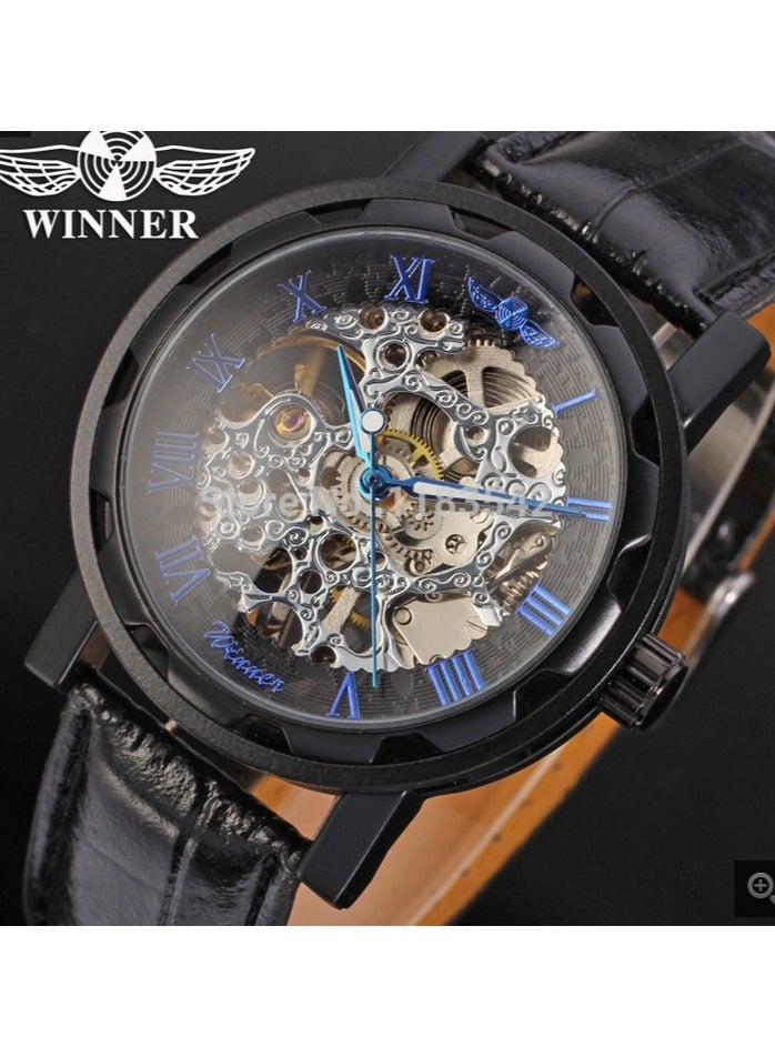 Winner ساعة رجالية، ساعة ميكانيكية هيكلية تعمل باليد بتصميم ستيمبانك للرجال والنساء، أرقام رومانية، حزام جلد PU، علبة فضية وردية ذهبية، ساعة معصم للجنسين
