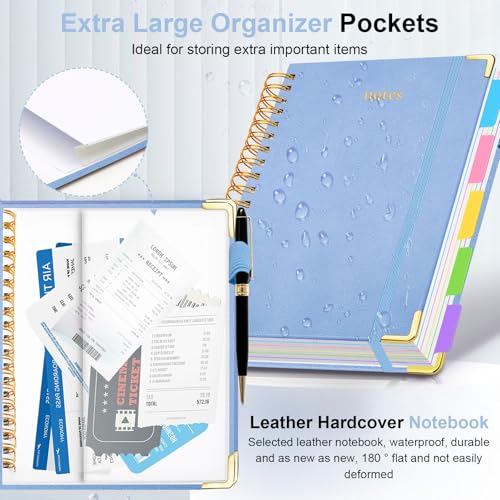 GDGDSY Hardcover Spiral Notebook 8"x10" Journal Notebook with Tabs and Removable Dividers 300 Pages 5 Subject Notebook College Ruled, Faux Leather Spiral Bound Notebook for Women School Work (Lake Blue) - Image 2