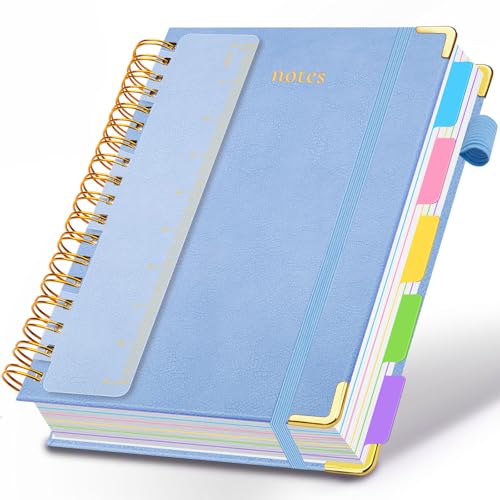 GDGDSY Hardcover Spiral Notebook 8"x10" Journal Notebook with Tabs and Removable Dividers 300 Pages 5 Subject Notebook College Ruled, Faux Leather Spiral Bound Notebook for Women School Work (Lake Blue) - Image 1