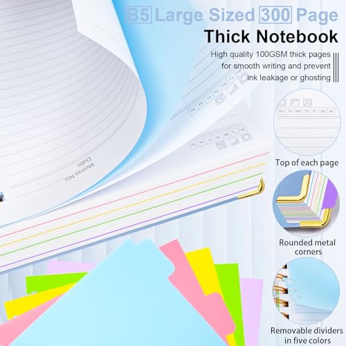 GDGDSY Hardcover Spiral Notebook 8"x10" Journal Notebook with Tabs and Removable Dividers 300 Pages 5 Subject Notebook College Ruled, Faux Leather Spiral Bound Notebook for Women School Work (Lake Blue) - Image 4