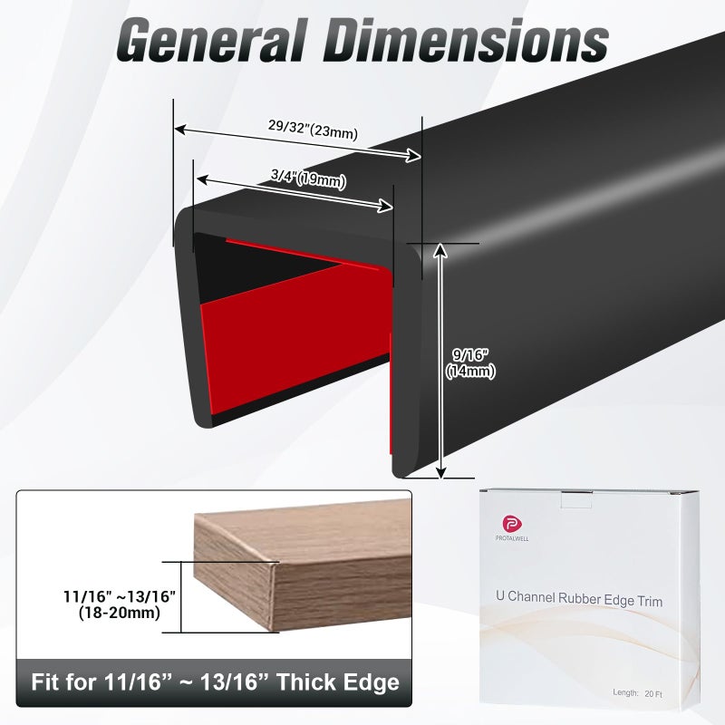 Protalwell Rubber Edge Trim, Self Adhesive U Channel Edge Trim, Big Size U Shaped Trim, Edge Banding for Plywood, Woods, Shelf, Cabinet, Countertop, Size 3/4", Length 20Ft, Black - Image 2