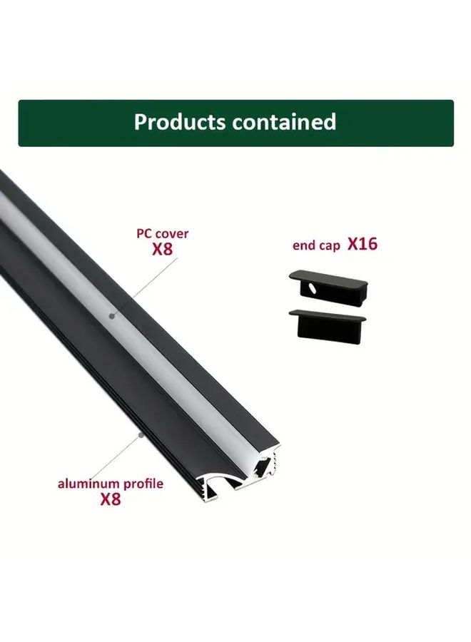 Marine 8pcs 3.3ft 1m 45 Degree Oblique Luminous LED Channel Concealed Cabinet Light Wardrobe Light Black Aluminum With White Cover Opal Lamp Shade Aluminum Housing Track Suitable For 5mm Wide LED Strip - Image 2