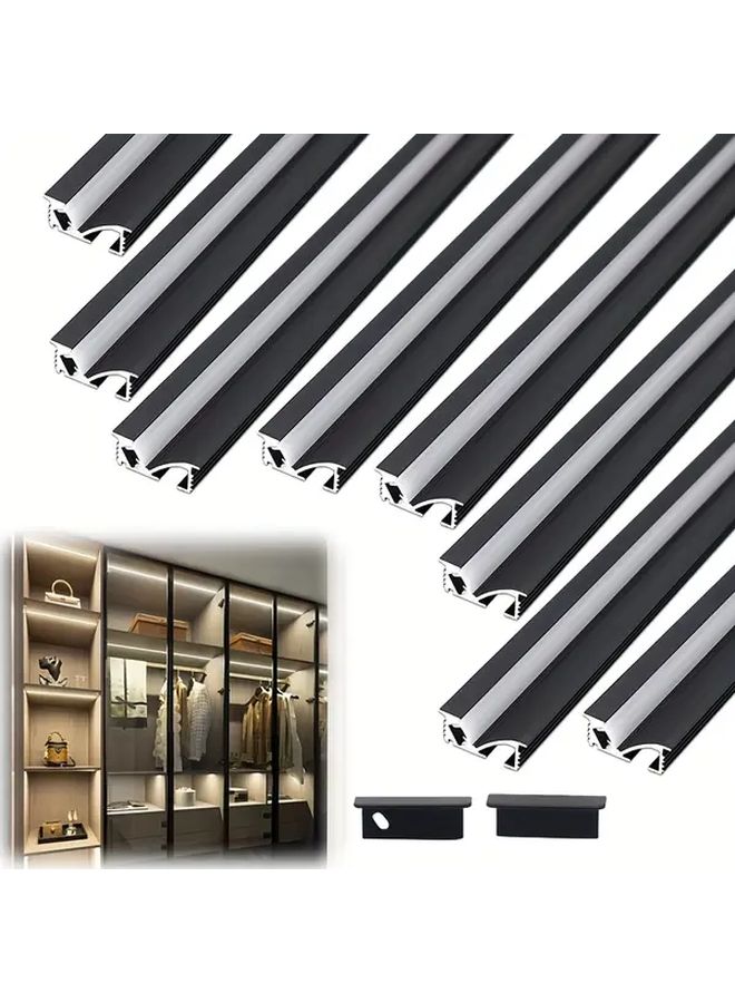 Marine 8pcs 3.3ft 1m 45 Degree Oblique Luminous LED Channel Concealed Cabinet Light Wardrobe Light Black Aluminum With White Cover Opal Lamp Shade Aluminum Housing Track Suitable For 5mm Wide LED Strip - Image 1