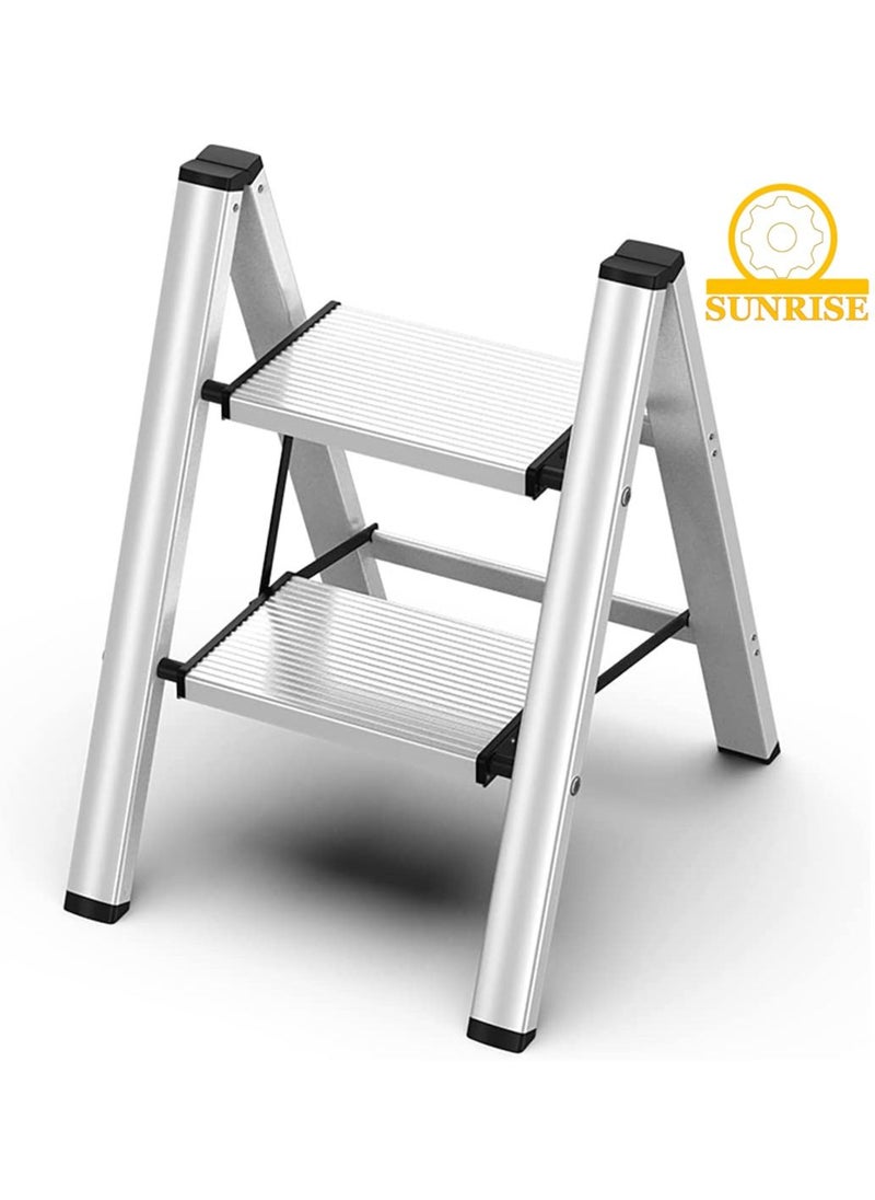 SUNRISE - 2 Steps Ladder Aluminum Folding Step Stool With Anti Slip Sturdy And Wide Pedal Light weight Portable Multi Use Stepladder For Home And Kitchen Use Space Saving - Image 1