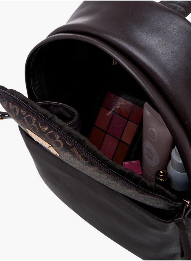Monogram Print Backpack with Zip Closure and Detachable Strap - 27x32x14 cm