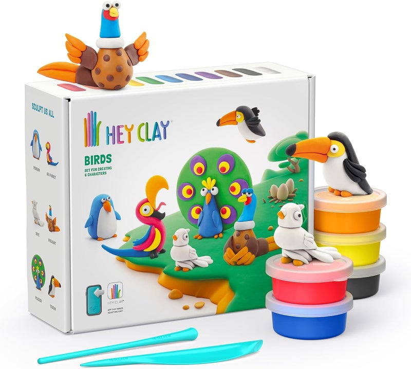 هاي كلاي (Hey Clay) – مجموعة الطيور: خامة تشكيل ملونة للأطفال؛ تحتوي على 15 علبة من الخامة وأدوات نحت بالإضافة إلى تطبيق تعليمي تفاعلي ممتع، متعددة الألوان. - Image 1