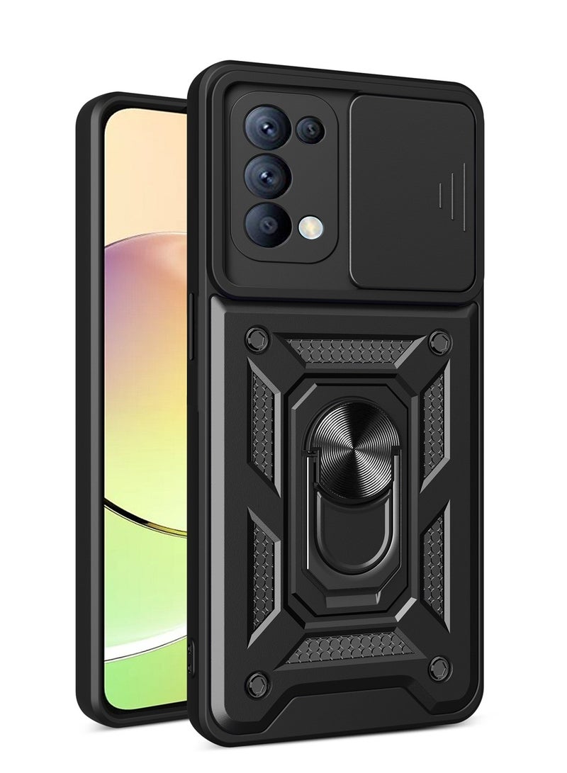 Case Cover Shockproof Windows Protective Case with Camera Protection and Metal Ring Compatible with Oppo Reno 5 (Black) - Image 1