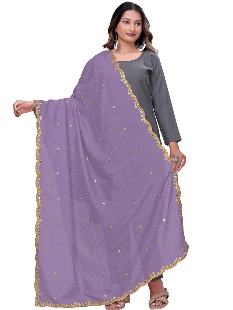 KEMZA Vintage Dupatta Vichitra Silk Embroidered Mirror Work Floral Butti Design with Embroidered Border for Women (Lavender, Free Size) - Image 1