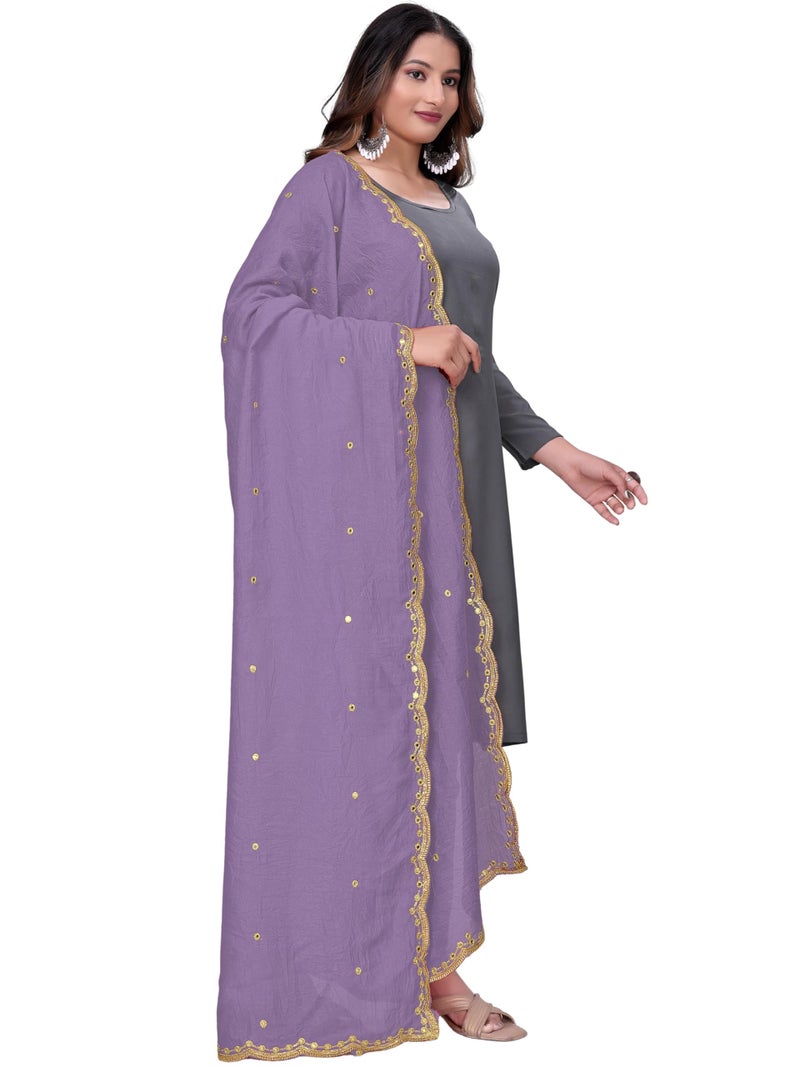 KEMZA Vintage Dupatta Vichitra Silk Embroidered Mirror Work Floral Butti Design with Embroidered Border for Women (Lavender, Free Size) - Image 3