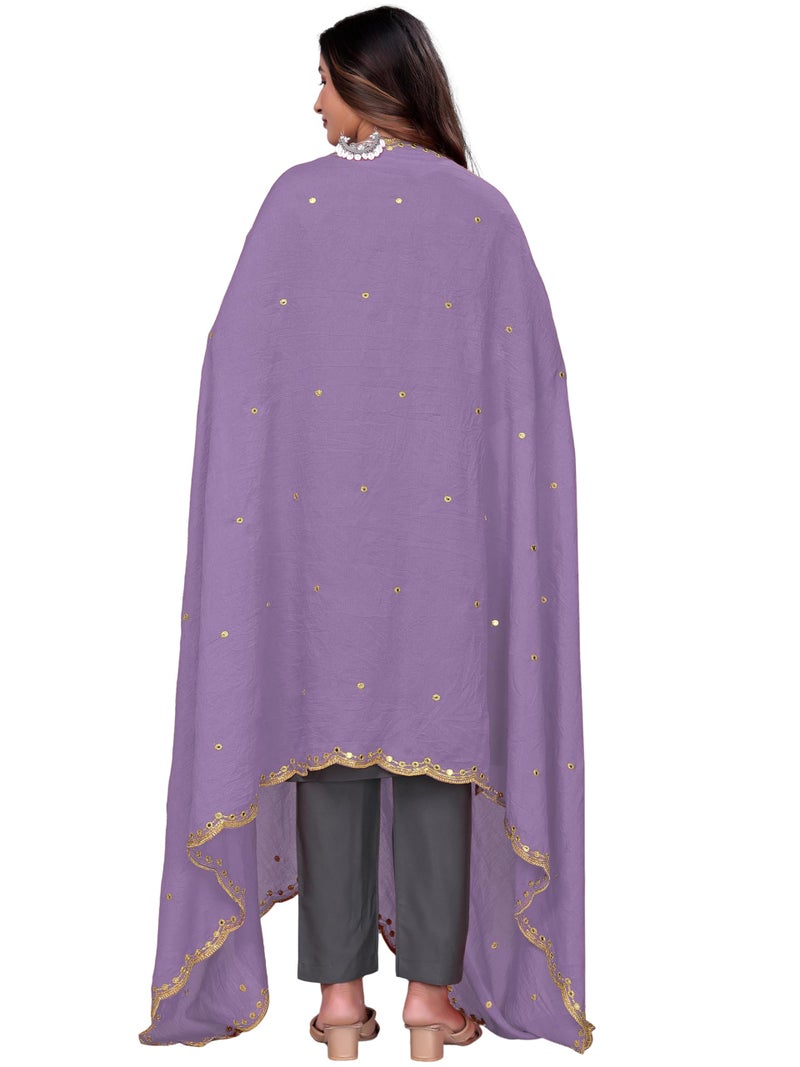 KEMZA Vintage Dupatta Vichitra Silk Embroidered Mirror Work Floral Butti Design with Embroidered Border for Women (Lavender, Free Size) - Image 4