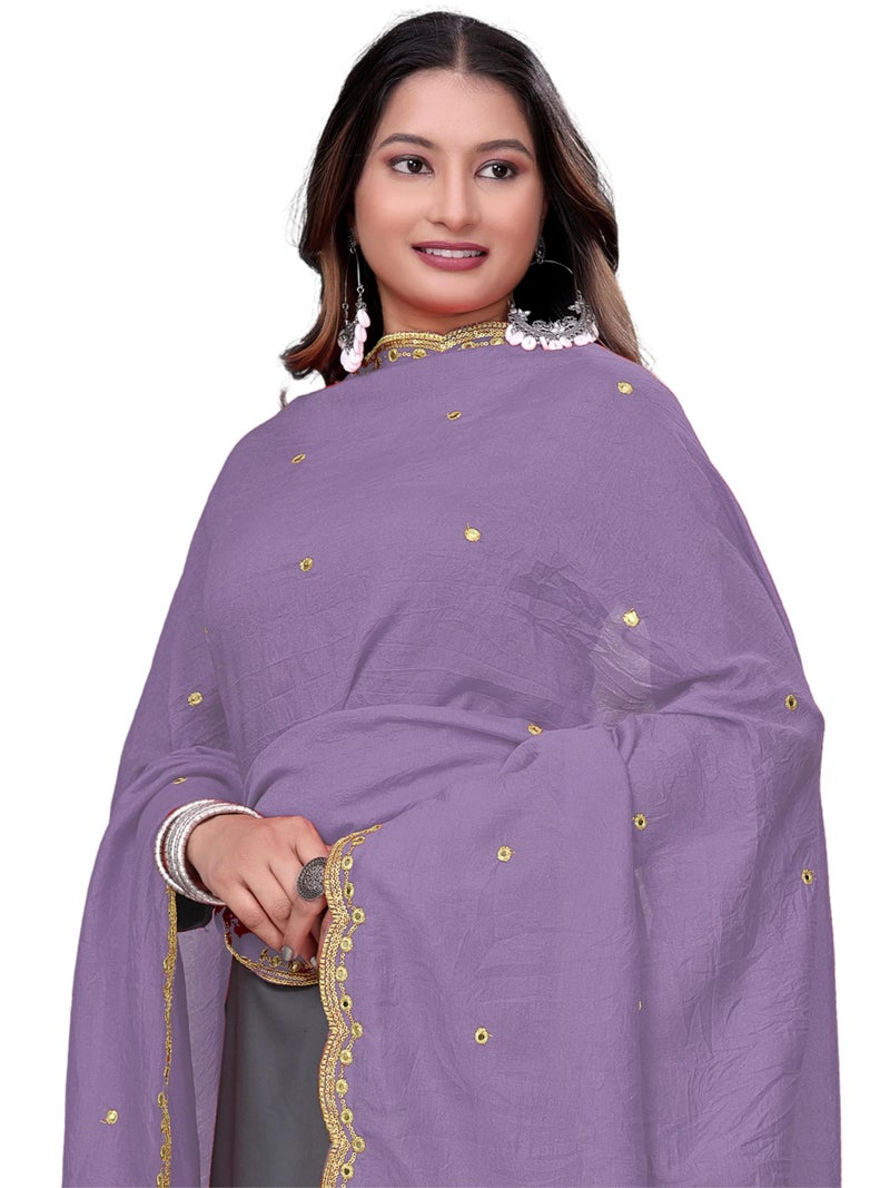 KEMZA Vintage Dupatta Vichitra Silk Embroidered Mirror Work Floral Butti Design with Embroidered Border for Women (Lavender, Free Size) - Image 2