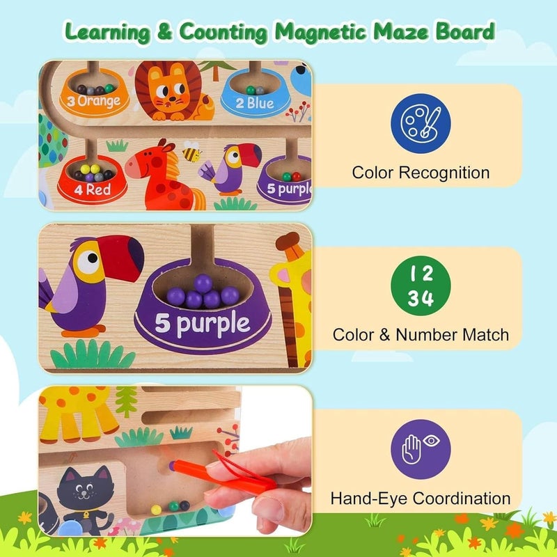 EDUTREE Montessori Magnetic Maze Board – Wooden Color & Number Sorting Game with Animal Patterns, Bead Maze for Counting & Fine Motor Skills, Educational Toy for Toddlers Ages 3-5 - Image 2
