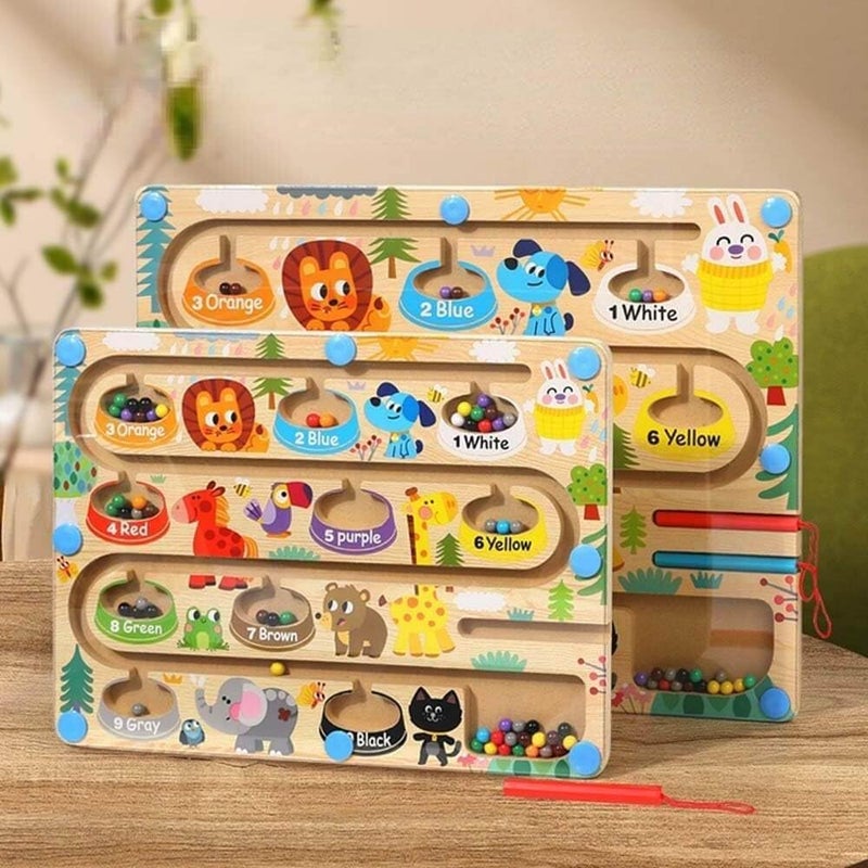 EDUTREE Montessori Magnetic Maze Board – Wooden Color & Number Sorting Game with Animal Patterns, Bead Maze for Counting & Fine Motor Skills, Educational Toy for Toddlers Ages 3-5 - Image 1
