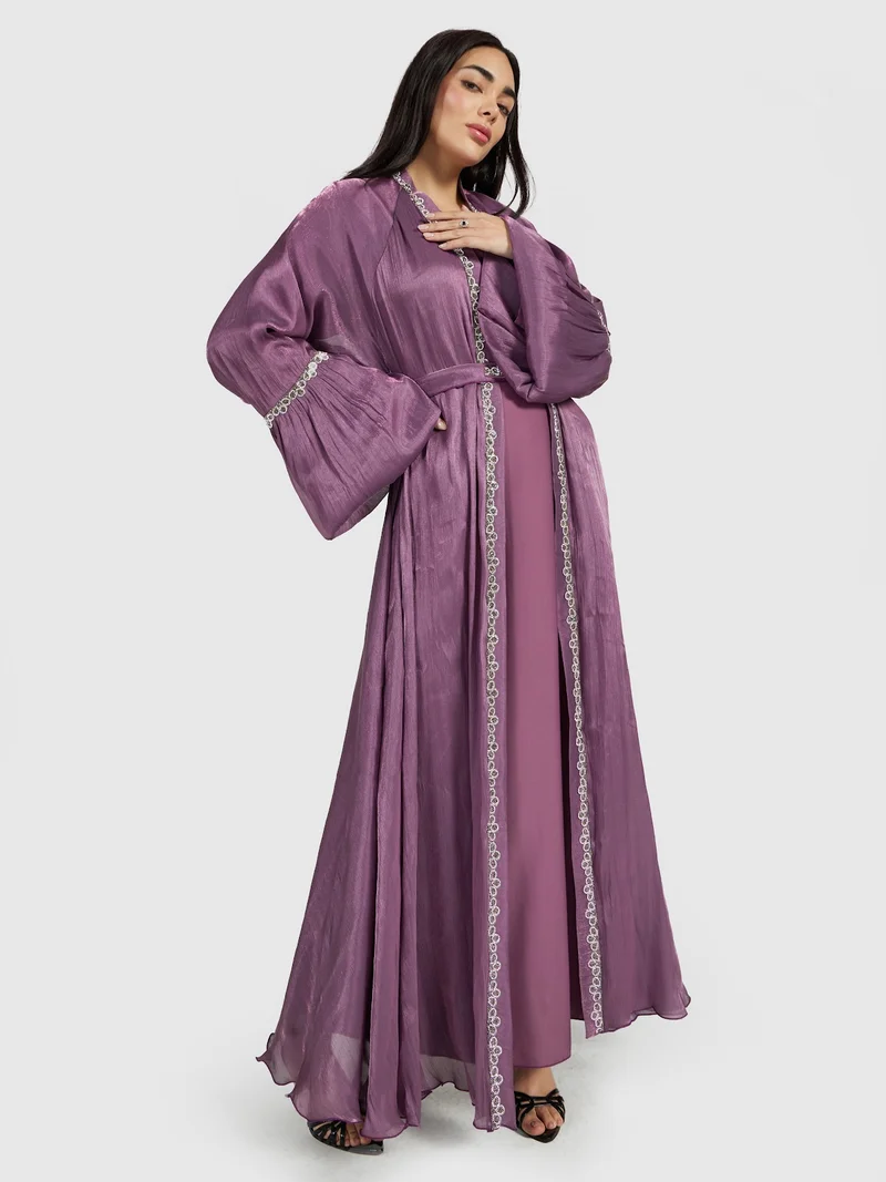 Reem Abayas Shimmer Chiffon Bell-Sleeve Abaya Set with Silver Beaded Trim