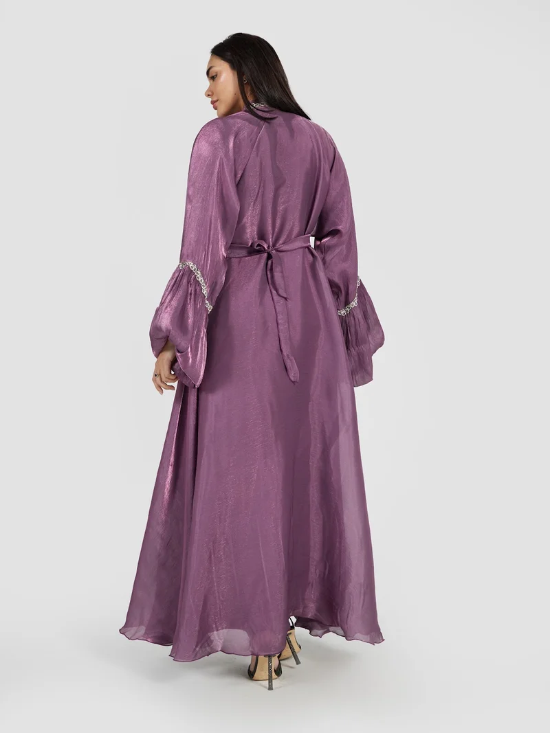 Reem Abayas  Shimmer Chiffon Bell-Sleeve Abaya Set with Silver Beaded Trim for Women | Best Price UAE