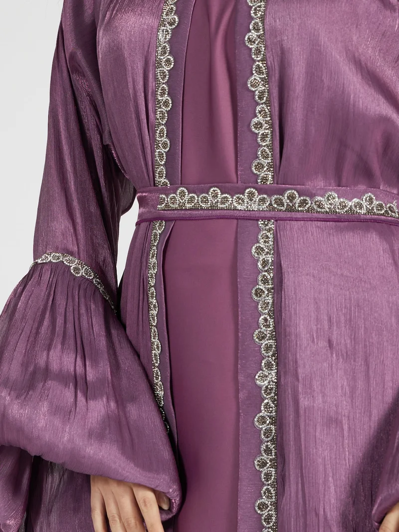 Reem Abayas  Shimmer Chiffon Bell-Sleeve Abaya Set with Silver Beaded Trim for Women | Best Price UAE