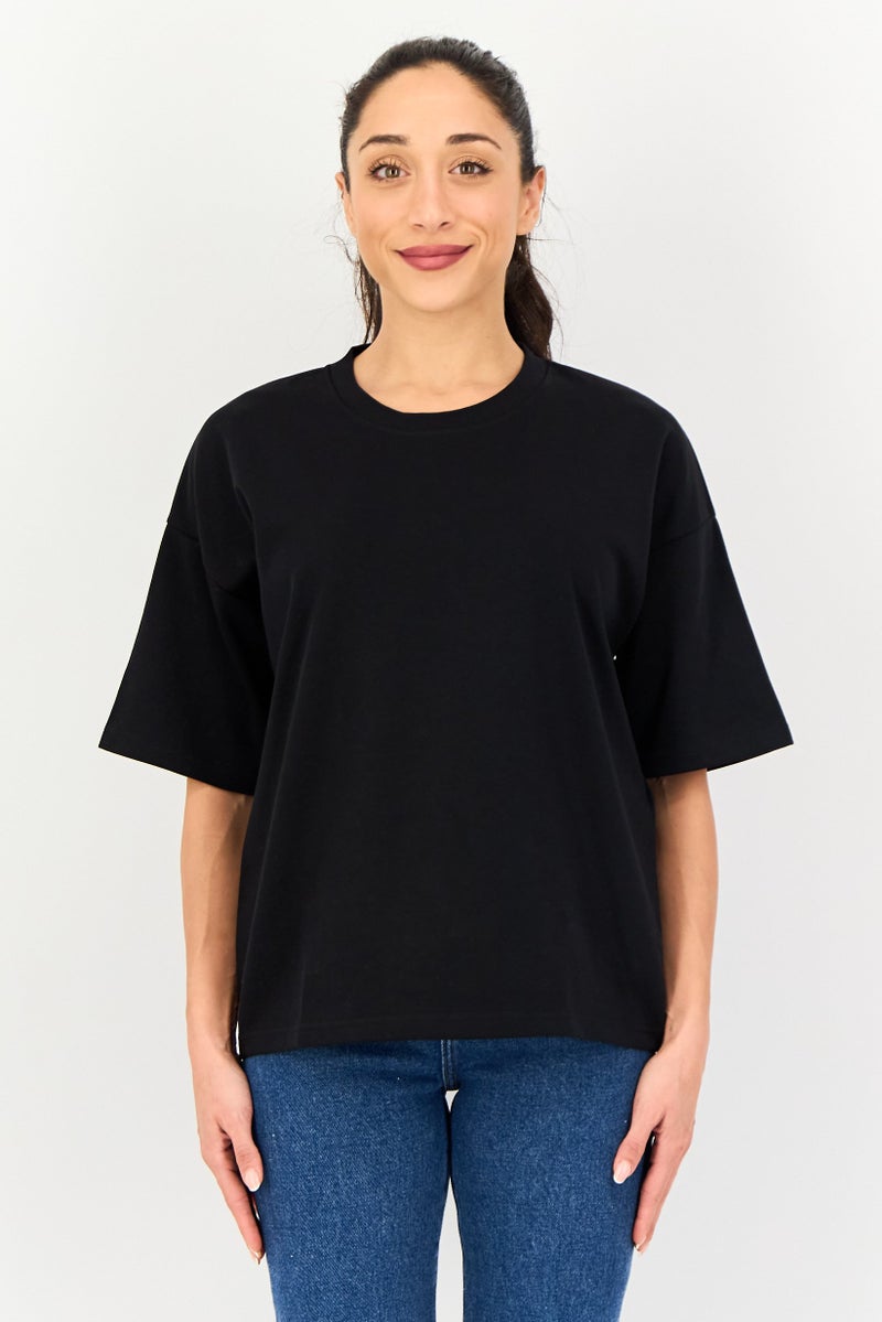 Core Elements Women Crew Neck Plain Short Sleeve T-Shirt, Black - Image 1