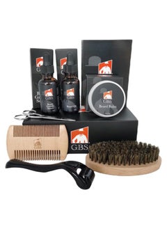 Men's Beard Grooming Kit - Beard Oil, Growth Serum with Biotin, Balm, Brush and Comb Gift Set