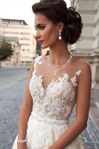 Paxuan Bridal Wedding Elegant Floral Jewelry Set for Women/Brides/Bridesmaids Crystal Jewelry Set for Wedding Prom Party Bridal Crystal Necklace Earrings Bracelet Set (White (Silver)) - Image 2