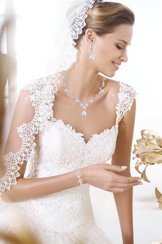 Paxuan Bridal Wedding Elegant Floral Jewelry Set for Women/Brides/Bridesmaids Crystal Jewelry Set for Wedding Prom Party Bridal Crystal Necklace Earrings Bracelet Set (White (Silver)) - Image 3