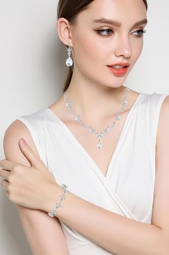 Paxuan Bridal Wedding Elegant Floral Jewelry Set for Women/Brides/Bridesmaids Crystal Jewelry Set for Wedding Prom Party Bridal Crystal Necklace Earrings Bracelet Set (White (Silver)) - Image 4