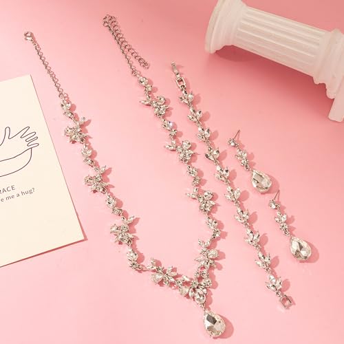 Paxuan Bridal Wedding Elegant Floral Jewelry Set for Women/Brides/Bridesmaids Crystal Jewelry Set for Wedding Prom Party Bridal Crystal Necklace Earrings Bracelet Set (White (Silver)) - Image 5