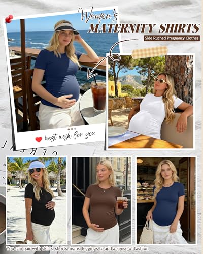 Huukeay 4 Pack Womens Maternity Shirts Crew Neck Maternity Top Short Sleeve Casual Cotton Tee Side Ruched Pregnancy ClothesBlack White Coffee Navy BlueMedium - Image 3