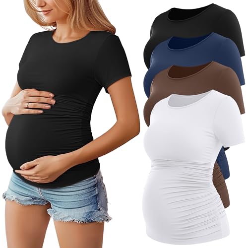 Huukeay 4 Pack Womens Maternity Shirts Crew Neck Maternity Top Short Sleeve Casual Cotton Tee Side Ruched Pregnancy ClothesBlack White Coffee Navy BlueMedium - Image 1