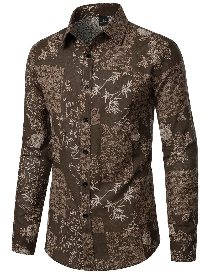 PARKLEES Men's Floral Printed Long Sleeve Shirts Retro Pattern Printed Cotton Linen Button Down Shirt Brown Leaves Large - Image 2