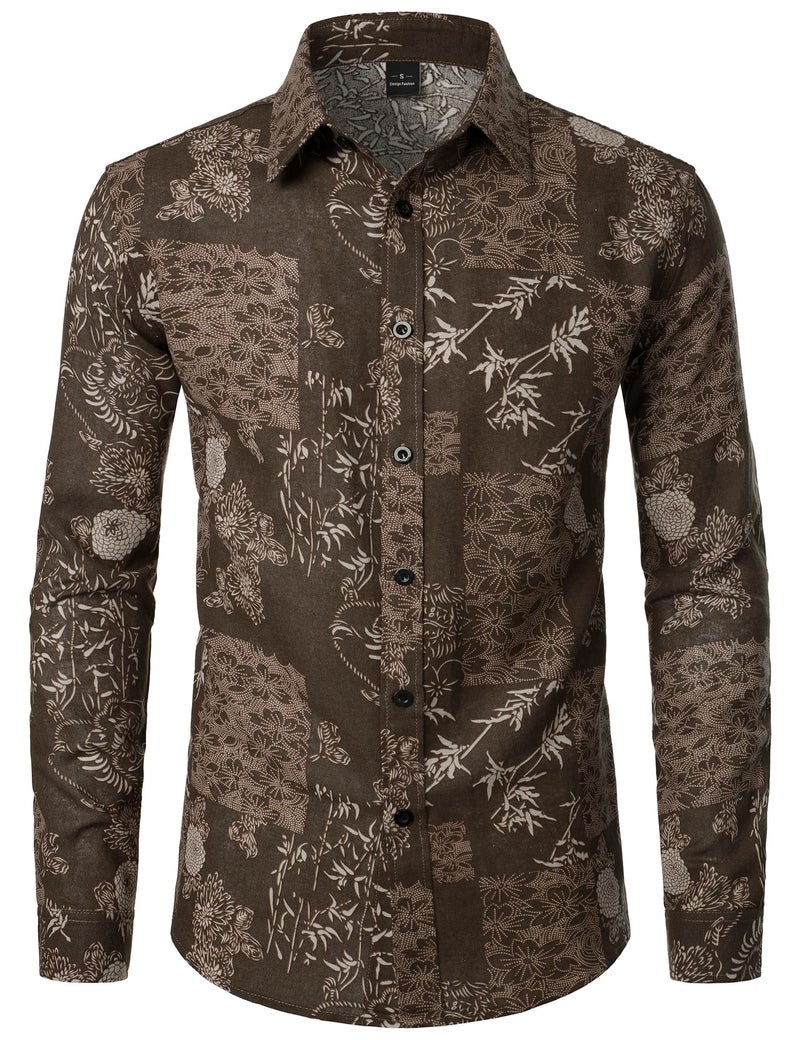 PARKLEES Men's Floral Printed Long Sleeve Shirts Retro Pattern Printed Cotton Linen Button Down Shirt Brown Leaves Large - Image 1